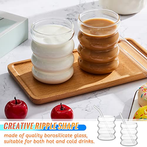 4 Pcs Creative Glass Cups Vintage Drinking Glasses Ribbed Glassware Aesthetic Cup Entertainment Dinnerware Glassware with Straws Set for Kitchen Coffee Beverage