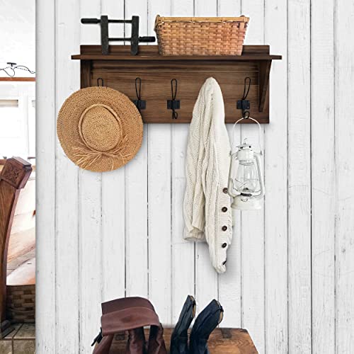 Rustic Brown Solid Wood Wall Mounted Coat Rack with Shelf