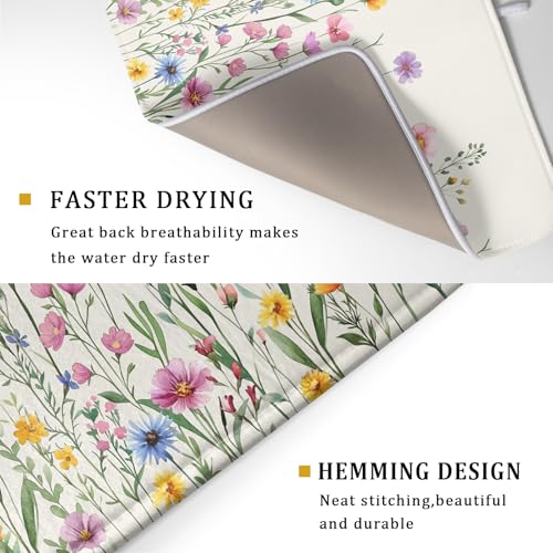 Spring Floral Dish Drying Mat 18"x24" Watercolor Summer Wildflower Dish Drainer Mats Herb Flower Reversible Absorbent Dish Drying Pad Decor for Kitchen Countertop Dining Room