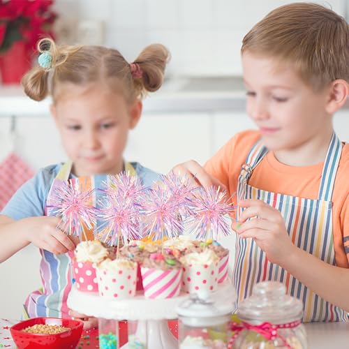 30 PCS Foil Firework Cupcake Toppers Happy Birthday Cupcake Toppers Sparkle Tinsel Flower Drink Stirrers Cocktail Fruit Toothpicks for Valentine's Day Baby Shower Party Cake Decor Supplies Pink (30 Count)