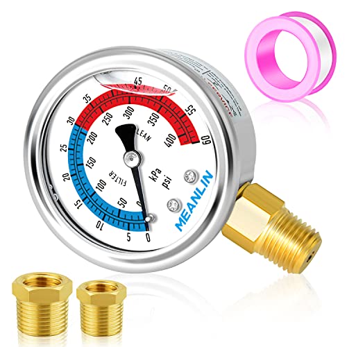 1/4" NPT 0-60psi Pressure Gauge, 2" Dial Glycerine Filled Pool Filter, 304 Stainless Steel Housing, Lower Mount, with 1/2" NPT and 3/8" NPT Hex Bushing