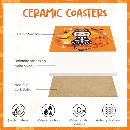 Halloween Coasters Absorbent Ceramic Coaster for Drinks with Black Holder and Cork Base Set of 4