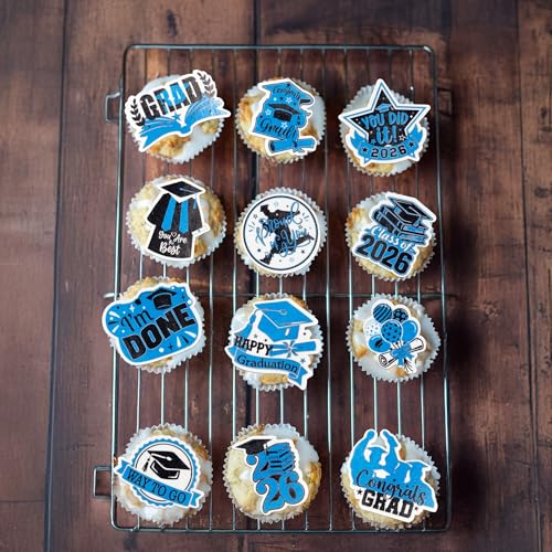 48Pcs Edible Graduation Cap 2026 Cupcake Toppers Wafer Paper Grad Cap Diploma Cake Decoration Picks for 2026 Grad Theme Party Cake Decor Supplies Black Blue (48 Count)
