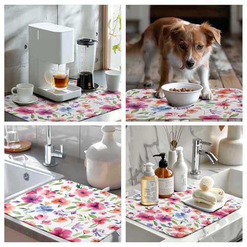 Spring Floral Dish Drying Mat Flowers Summer Kitchen Mat Dish Drying Pad Absorbent Dish Dryer Mat for Kitchen Countertops Microfiber Dishes Drainer Pad Dish Drying Rack Mat
