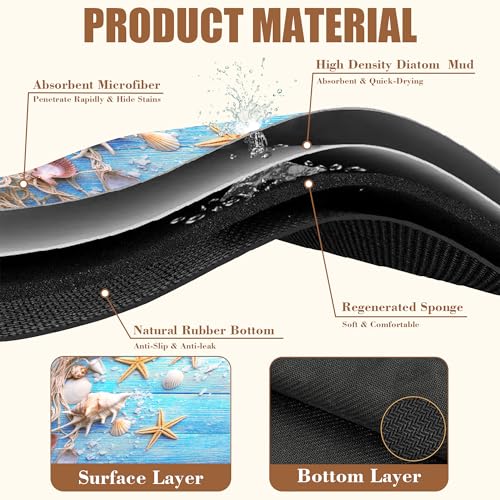 Summer Sea Shells Starfish Coffee Mat Absorbent Dish Drying Mat for Kitchen Counter Hide Stain Rubber Backed Coffee Bar Accessories 11.8 x 19.7 Inch Fit Under Espresso Machine
