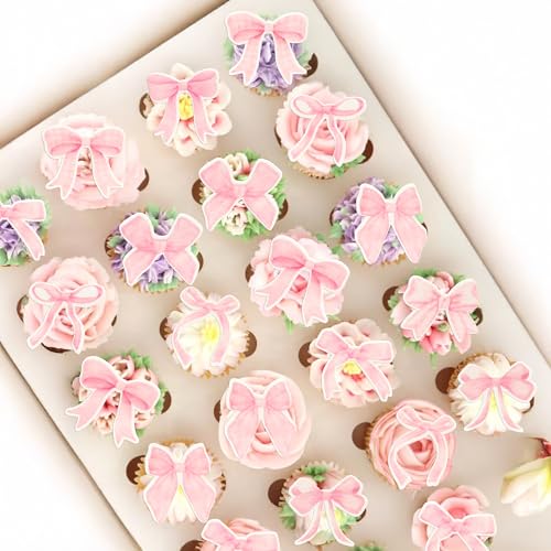 50Pcs Edible Pink Bowknot Cupcake Toppers Wafer Paper Bowknot Cake Dessert Picks Drink Topper Baby Shower Princess Cupcake Toppers for Birthday Party Decoration Supplies (50 Count)