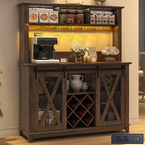 47"Wide 56"H Farmhouse Coffee Bar Cabinet with Power Outlet and LED Light