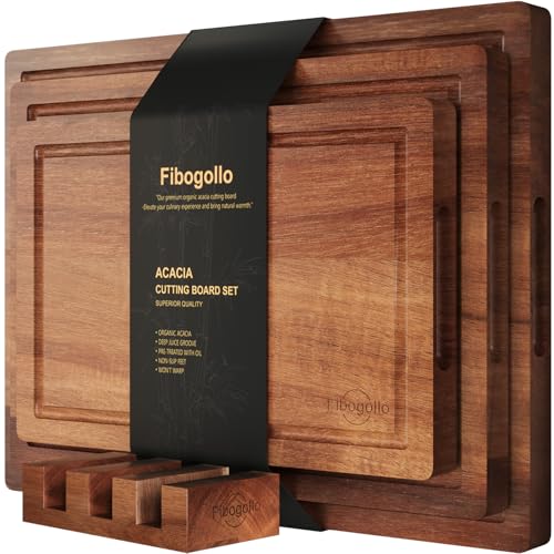 Set of 3 Large Acacia Wood Kitchen Cutting Boards with Holder (3 Count)