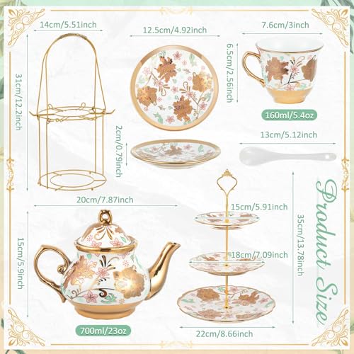 21 Pcs Porcelain Tea Set for Women Tea Party with Metal Holder and 3 Tier Cake Stand Ceramic European Floral Teapot Set for Adults Mother's Day Christmas Thoughtful Gift