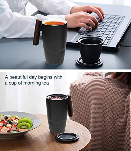 Tomotime Ceramic Tea Cup with Infuser and Lid Tea Mugs Wooden Handle 400ml