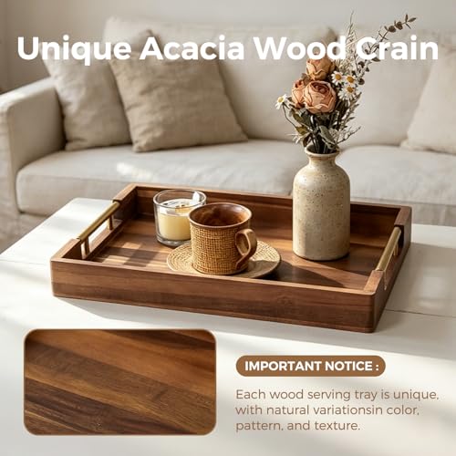 Acacia Wood Serving Tray with Golden Handles