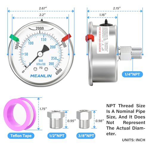 0~4000Psi Stainless Steel Liquid Filled Pressure Gauge 2.5" FACE DIAL 1