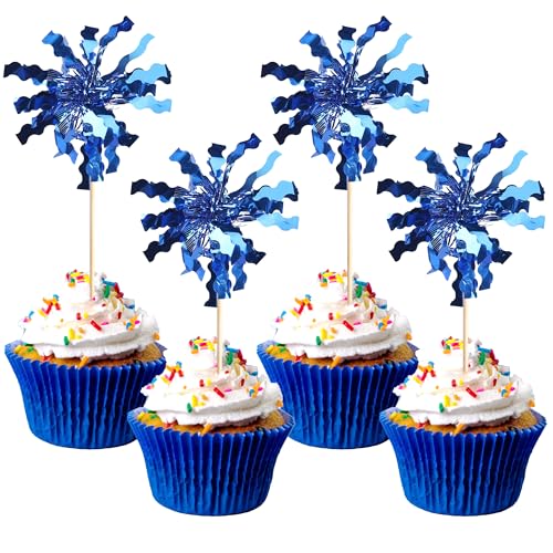 30 PCS Foil Firework Cupcake Toppers Sparkle Tinsel Cupcake Picks Happy Birthday Cake Toppers Drink Stirrers Cocktail Fruit Toothpicks for Baby Shower Birthday Party Decorations Supplies Dark Blue (30 Count)