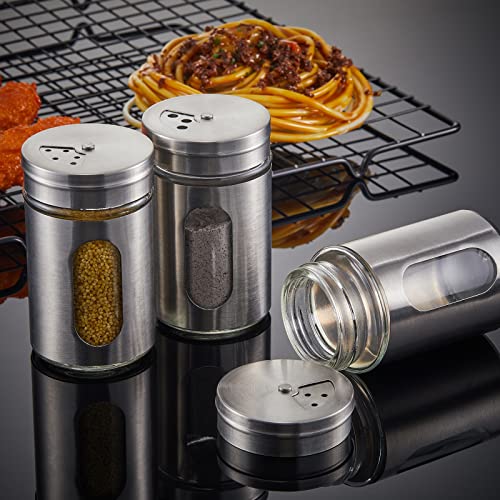 24 Pcs Salt and Pepper Shakers Stainless Steel Spice Shakers with Adjustable Pour Holes and Glass Window 3.4oz Salt Dispenser Spice Jars with Rotating Lids for Sugar Seasoning Home (24 Count)