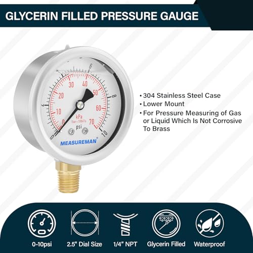 2-1/2" dial,Glycerin Filled, Stainless Steel case, Brass Inside, 0-10psi/kpa,1/4" NPT Lower Mount