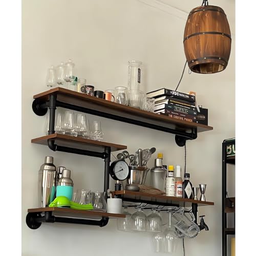 Industrial Pipe Shelves Wine Rack Wall Mounted with 4 Stem Glass Holder