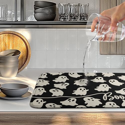 Halloween Ghosts Dish Drying Mat Black and White Large Kitchen Mats Dish Drying Pad Absorbent Dish Dryer Mat for Kitchen Countertops Microfiber Drainer Pad Dish Drying Mats