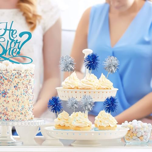 30Pcs Foil Firework Cupcake Toppers Party Birthday Cake Toppers Supplies Sparkle Tinsel Cocktail Fruit Toothpick for Birthday Wedding Graduation Party Supplies Dark Blue Silver (30 Count)