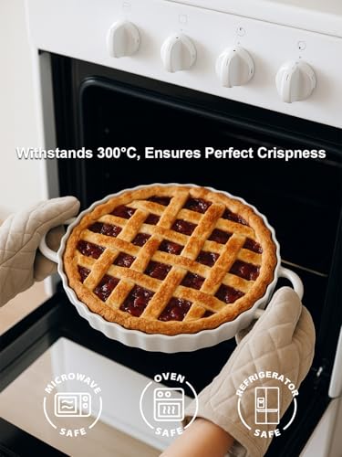 10×2in Deep Ceramic Pie Pan with Handles for Pie Quiche Tart Baking. Easy to grip