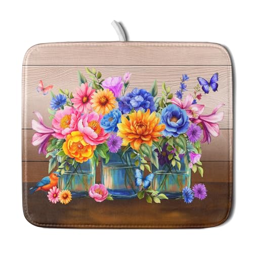 Colorful Flowers Dish Drying Mat for Kitchen Counter 16x18in Spring Summer Flower Vases Dish Mat Drying Absorbent Microfiber Dish Drainer Rack Mats Botanical Floral Dishes Pad for Countertops