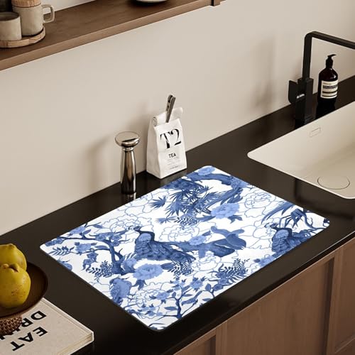Blue Peacocks Birds Dish Drying Mat for Kitchen Counter