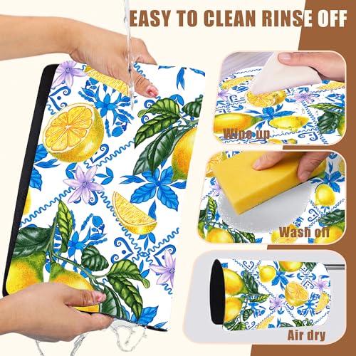 Lemon Fruit and Purple Flower Coffee Mat Absorbent Dish Drying Mat for Kitchen Counter Hide Stain Rubber Backed Coffee Bar Accessories Fit Under Espresso Machine Dish Drainer