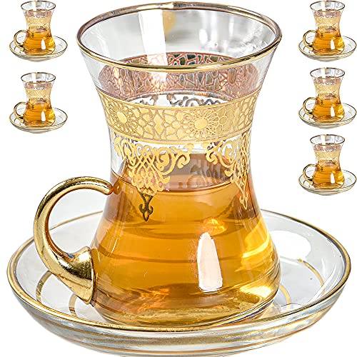 Gold Turkish Arabic Moroccan Tea Glasses Cups Set of 6 and Saucers Glassware Drinking Women Party Fancy Drinkware Style Vintage Persian Kitchen Decor Drinks (6 Count)