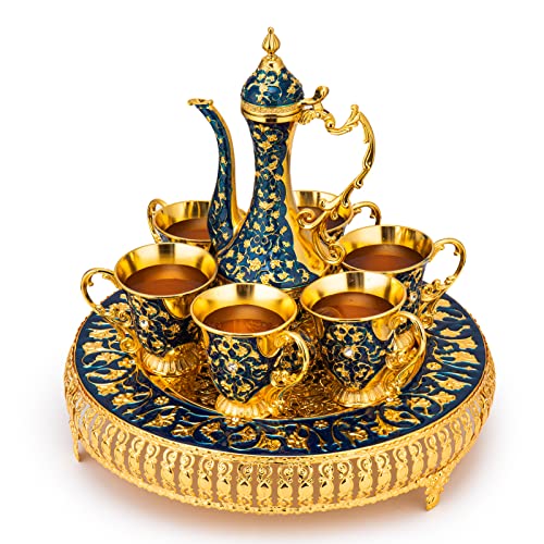 Vintage Extra Large Turkish Coffee & Tea Pot Set for 6 by Gute with Large Crystal Tray & Teapot Gold with Shiny Crystal