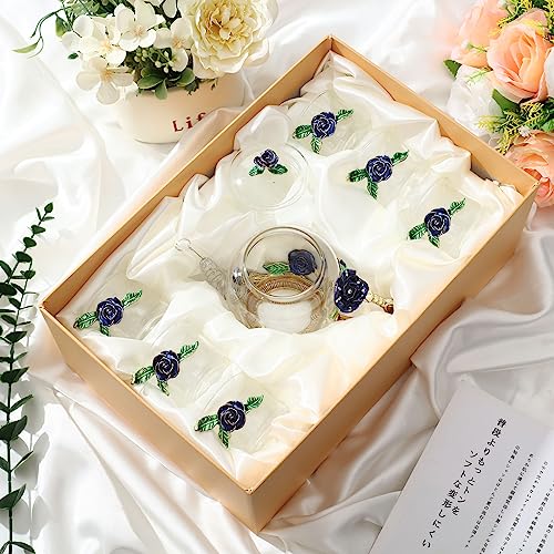 13 Pcs Glass Tea Set Rose Floral Vintage Teapot and Cups