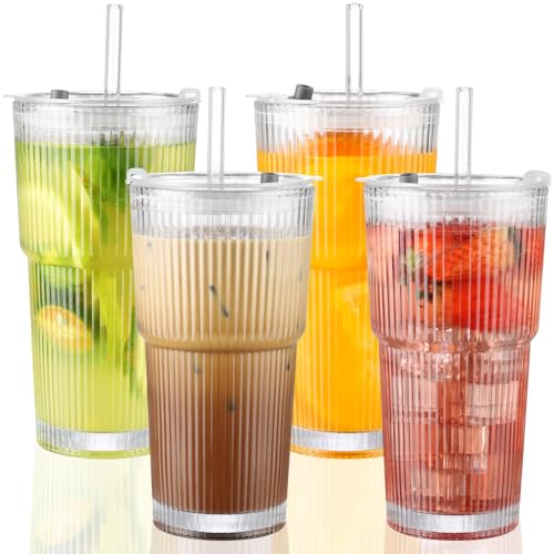 20 oz Glass Cups with Lid and Straw 4 Set (4 Count)