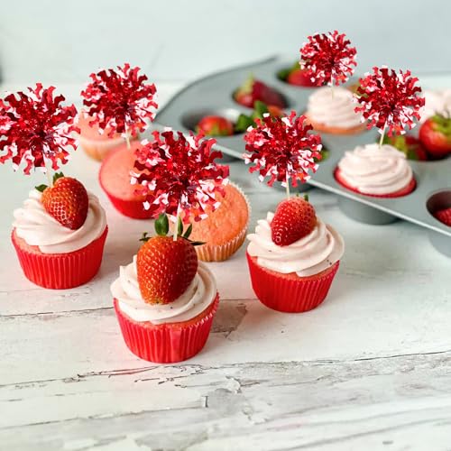 30Pcs Foil Firework Cupcake Toppers Happy Birthday Cake Toppers Tinsel Flower Drink Stirrers Cocktail Food Fruit Toothpicks for Valentine's Day Party Decorations Red (30 Count)