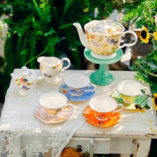 Fine Bone China Tea Sets For Adults Porcelain Tea Set European Wedding Floral Teapot Cup Saucer Spoon for Women Gift (11 Count)