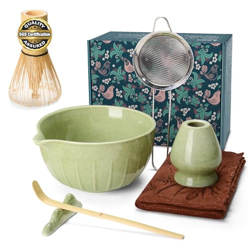 Matcha Whisk Set Ceramic Bowl Kit with Spout (7 Count)