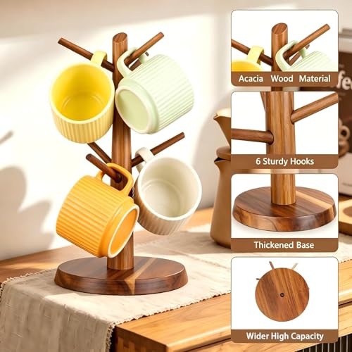 Acacia Wood Coffee Mug Tree Holder Countertop with 6 Hooks