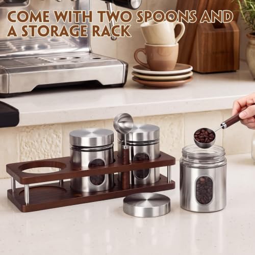 Stainless Steel Coffee Grounds Canisters with Shelf 3 x 20oz Sugar Coffee Bean Storage Container with Airtight Threaded Lid Glass Window Scoop Kitchen Jar Set for Bar Creamer Nut Tea (3 Count)