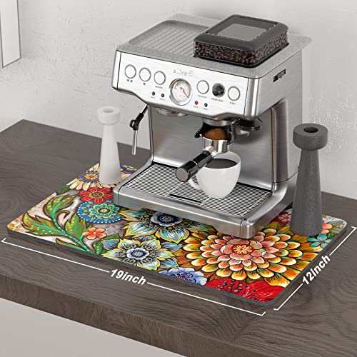 Coffee Mat 12" x 19" Cute Flower Theme Coffee Bar Mats for Espresso Machine Station Accessories and Organizer