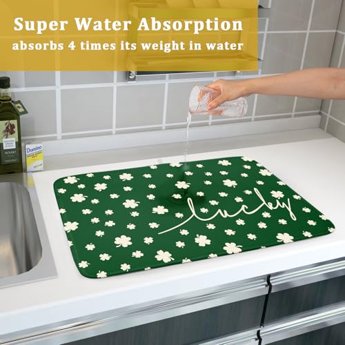 St Patricks Day Dish Drying Mat Green Lucky Clovers Dish Drainer Mats 18"x24" Shamrock Holiday Microfiber Reversible Dish Drying Rack Pad Protector for Kitchen Countertop Large Decor