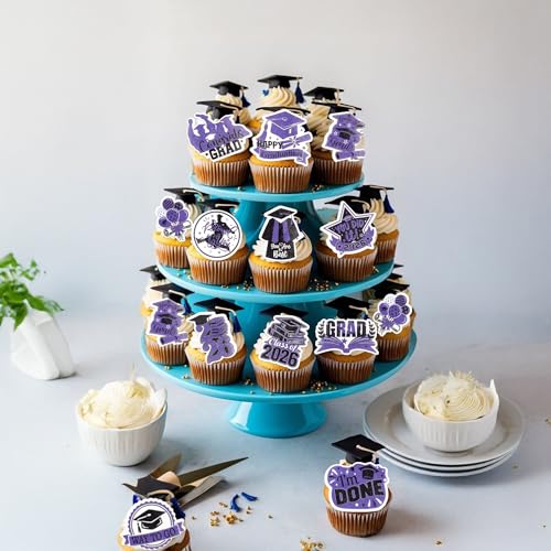 48Pcs Edible Graduation Cap 2026 Cupcake Toppers Wafer Paper Grad Cap Diploma Cake Decoration Picks for 2026 Grad Theme Party Cake Decor Supplies Purple White (48 Count)