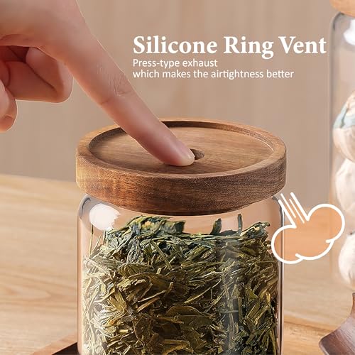 960ML 32Oz Clear Cute Glass Storage Canister Holder with Stackable Airtight Wood Lid