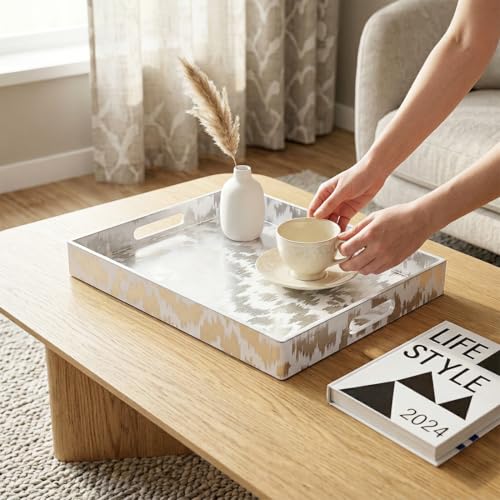 White & Silver Glitter Abstract Serving Tray with Handles