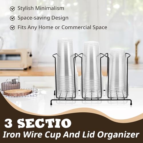 2 Pcs 3 Section Coffee Cup Organizers 14.2 x 8.5 x 5 Inch Wire Rack Coffee Cup and Lid Holder Black Iron Lid Dispenser Countertops Station Organizer for Kitchen Storage Essentials (2 Count)