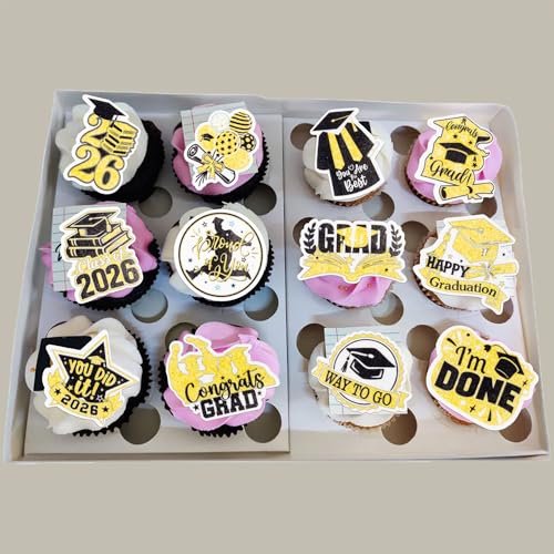 48Pcs Edible Graduation Cap 2026 Cupcake Toppers Wafer Paper Grad Cap Diploma Cake Decoration Picks for 2026 Grad Theme Party Cake Decor Supplies Gold White (48 Count)