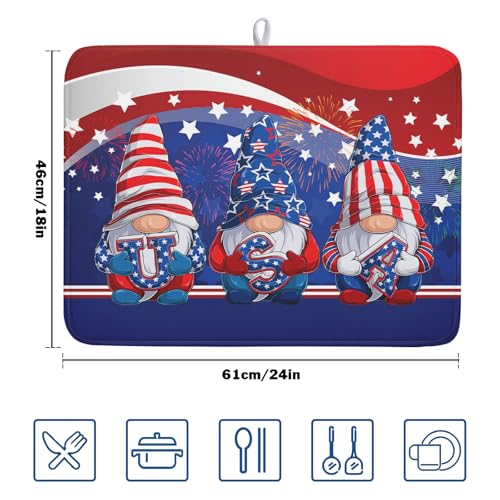 4th of July Dish Drying Mat 18x24 Inch Spring Summer Patrioti Gnome Memorial Kitchen Mats Independece Day Absorbent Dishes Pad for Kitchen Counter Usa Stars Drying Mat Home Decor Countertops