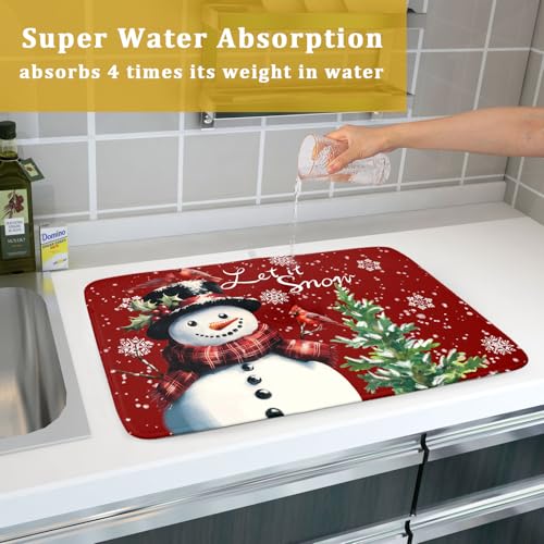 Winter Snowflake Red Dish Drying Mat for Kitchen Counter