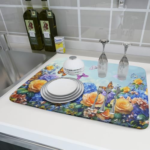 Spring Blue Yellow Hydrangeas Flowers Dish Drying Mat for Kitchen Counter