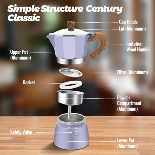 6 Cup Aluminum Moka Pot Classic Stovetop Espresso Coffee Maker 300ml 10oz Coffeemaker Percolator Mocha Pot Greca Coffee Maker Cafe Makers for Italian and Cuban Café Brewing Purple