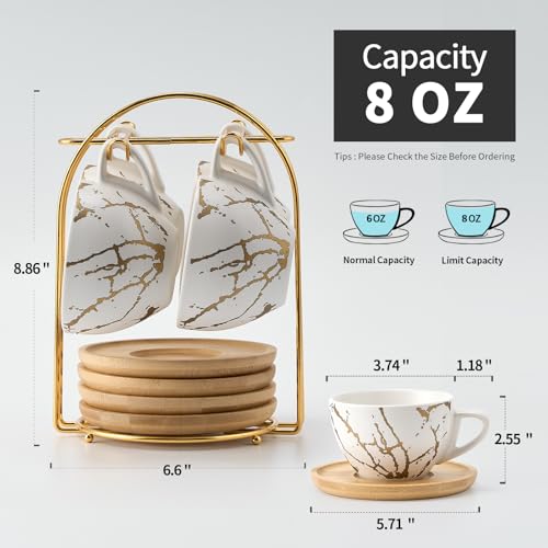 Ceramic Demitasse Espresso Cups Set with Saucers and Metal Stand (4 Count)