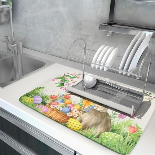 Easter Bunny Colorful Eggs Dish Drying Mat for Kitchen Counter