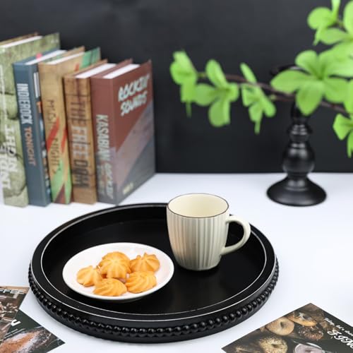 Round Black Wood Serving Tray with Beads