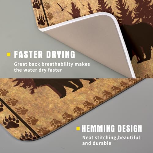 16"x18" Brown Bear Dish Drying Mat Rustic Forest Wildlife Woodland Dish Drainer Mats for Kitchen Countertop Farmhouse Animal Paw Print Fast Dry Microfiber Dish Drying Pad Decoration